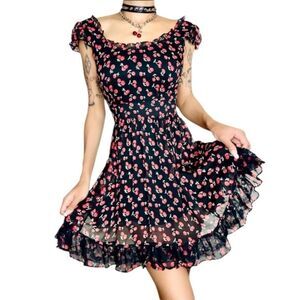 Royal Bones Daang Cherry Print Dress Smocked Scoop Neck Goth Grunge Black Red XL